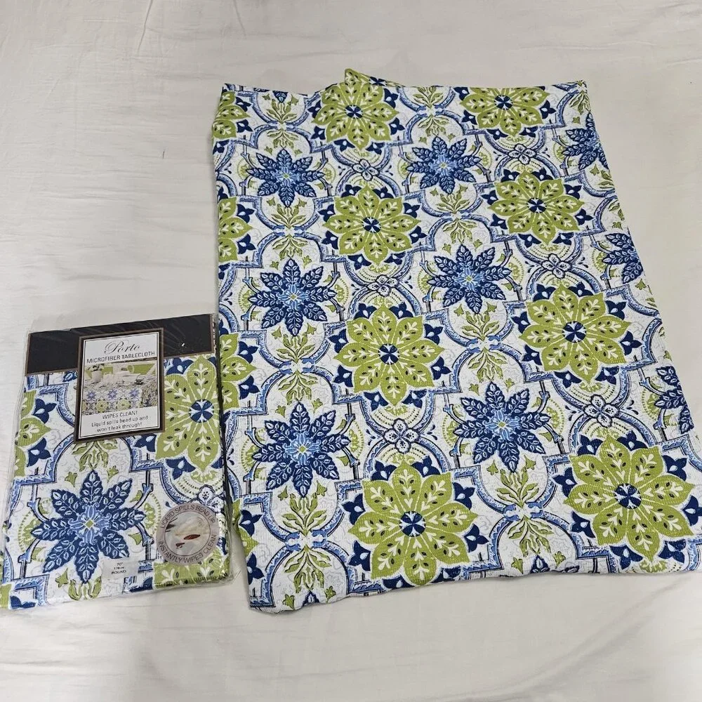 Round Tablecloth Linen 70in Porto Green Blue Floral Microfiber Wipe Clean Dining